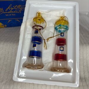 Handcrafted Glass Lighthouse Ornaments Set Of Two